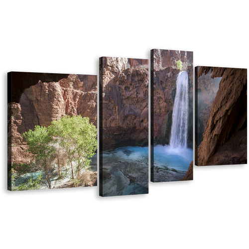 Mooney Falls Canvas Wall Art, Arizona White Waterfall Landscape Canvas Set, Brown Grand Canyon 4 Piece Canvas Print