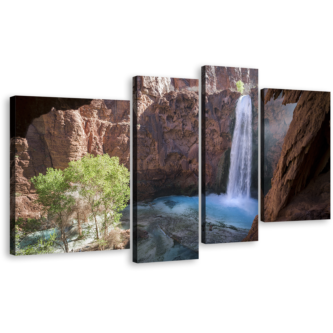 Mooney Falls Canvas Wall Art, Arizona White Waterfall Landscape Canvas Set, Brown Grand Canyon 4 Piece Canvas Print