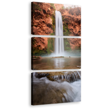 Load image into Gallery viewer, Mooney Falls Canvas Wall Art, Brown Canyon Rainforest Waterfall Multi Canvas Artwork, Arizona White Turquoise Waterfall 3 Piece Canvas Print
