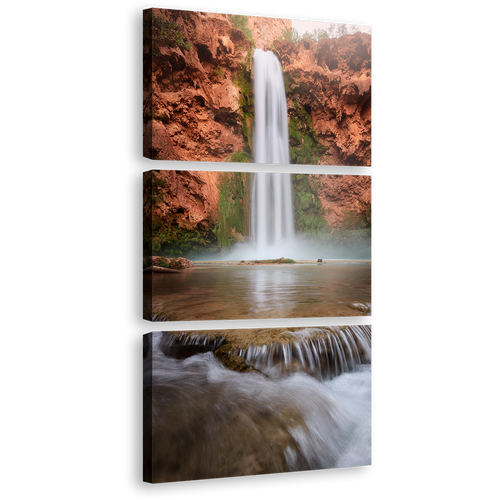 Mooney Falls Canvas Wall Art, Brown Canyon Rainforest Waterfall Multi Canvas Artwork, Arizona White Turquoise Waterfall 3 Piece Canvas Print