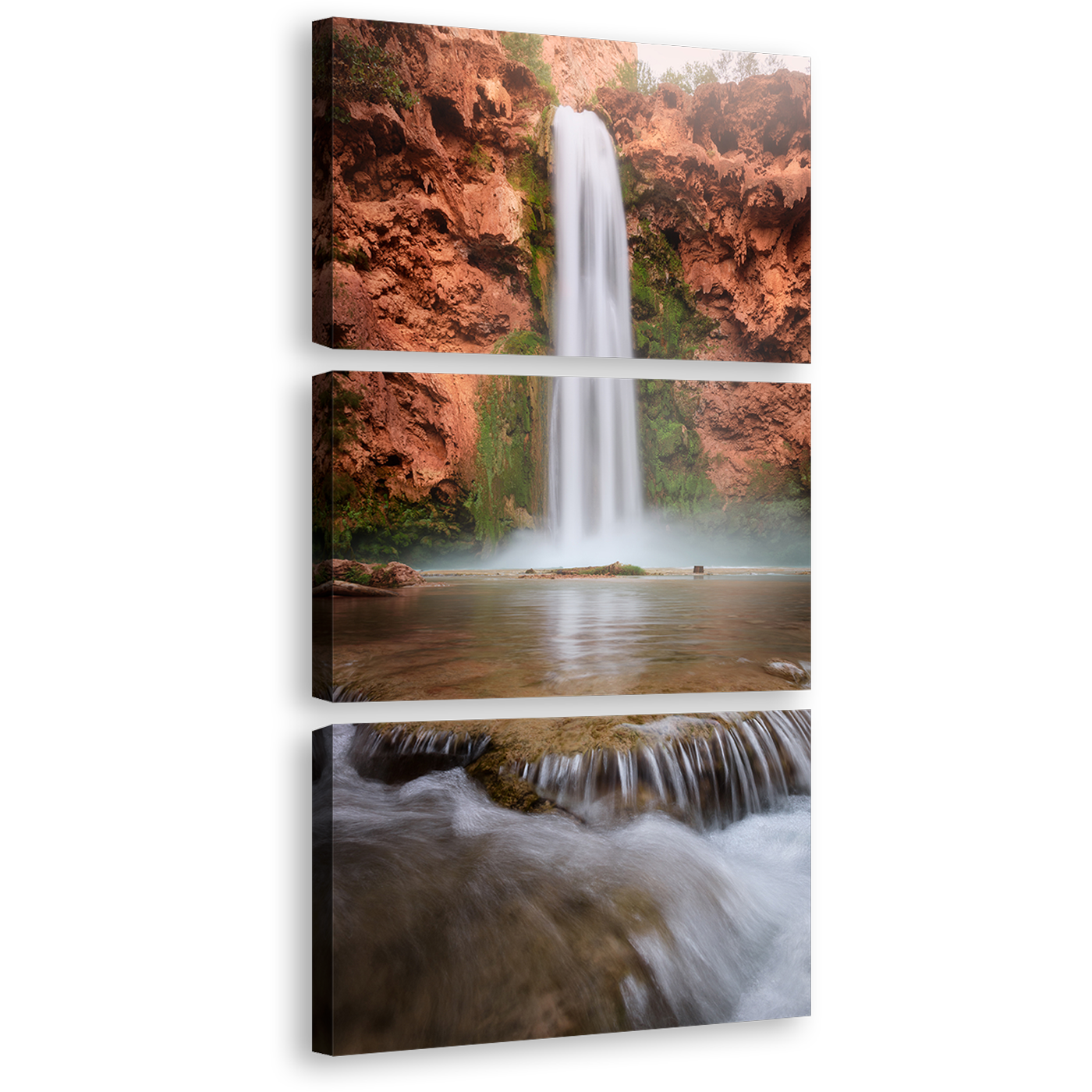 Mooney Falls Canvas Wall Art, Brown Canyon Rainforest Waterfall Multi Canvas Artwork, Arizona White Turquoise Waterfall 3 Piece Canvas Print