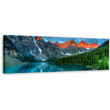 Load image into Gallery viewer, Moraine Lake Canvas Wall Art, Banff National Park Canvas Print, Canada Orange Rocky Mountains Panoramic Canvas, Beautiful Landscape Forest Green Trees Canvas Artwork
