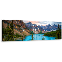 Load image into Gallery viewer, Moraine Lake Canvas Wall Art, Green Trees Banff National Park Panoramic Canvas Print, Grey Brown Mountains Scenery Canvas Artwork
