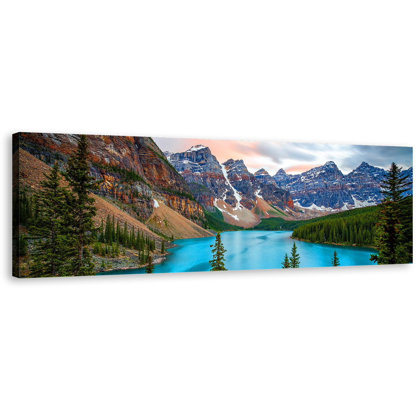 Moraine Lake Canvas Wall Art, Green Trees Banff National Park Panoramic Canvas Print, Grey Brown Mountains Scenery Canvas Artwork