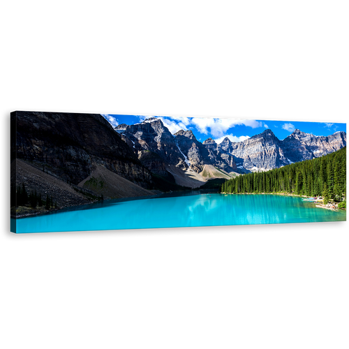 Moraine Lake Wall Art, Blue Alberta Sky Ocean Mountains 1 Piece Canvas Print, Banff National Park Green Trees Canvas Art