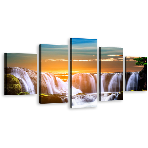 Morning Sunrise Canvas Wall Art, Beautiful White Waterfall Orange Sky Canvas Print, Majestic Waterfall In Morning Sunrise 5 Piece Multi Canvas