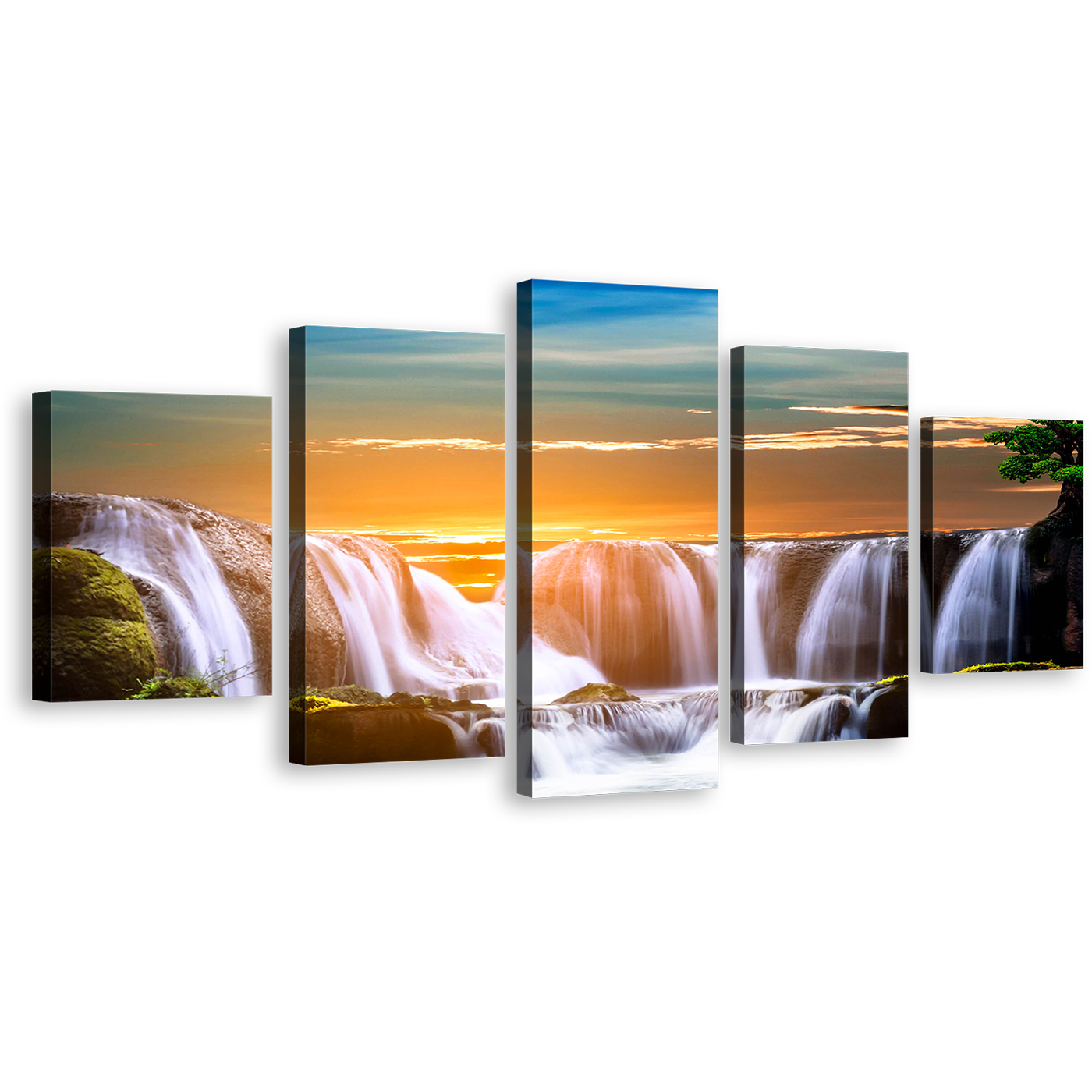 Morning Sunrise Canvas Wall Art, Beautiful White Waterfall Orange Sky Canvas Print, Majestic Waterfall In Morning Sunrise 5 Piece Multi Canvas