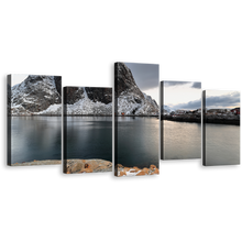 Load image into Gallery viewer, Moskenes Norway Wall Art, Grey Lofoten Islands 5 Piece Canvas Print, White Hamnoy Harbor Mountain River Canvas Set
