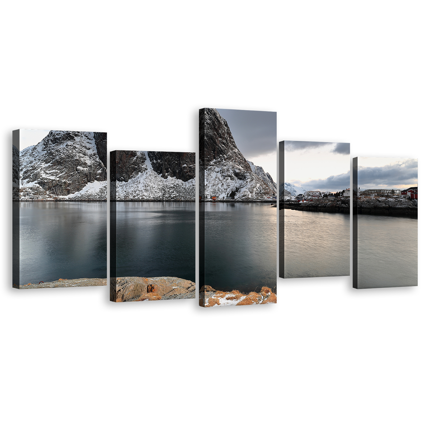 Moskenes Norway Wall Art, Grey Lofoten Islands 5 Piece Canvas Print, White Hamnoy Harbor Mountain River Canvas Set