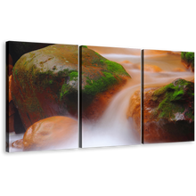 Load image into Gallery viewer, Mossy Rocks Wall Art, Orange Green Rocky Canvas Set, Flowing Waterfall in The River 3 Piece Canvas Print
