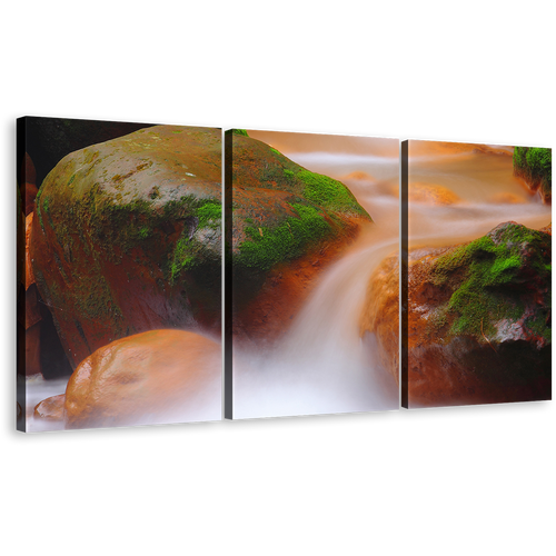 Mossy Rocks Wall Art, Orange Green Rocky Canvas Set, Flowing Waterfall in The River 3 Piece Canvas Print