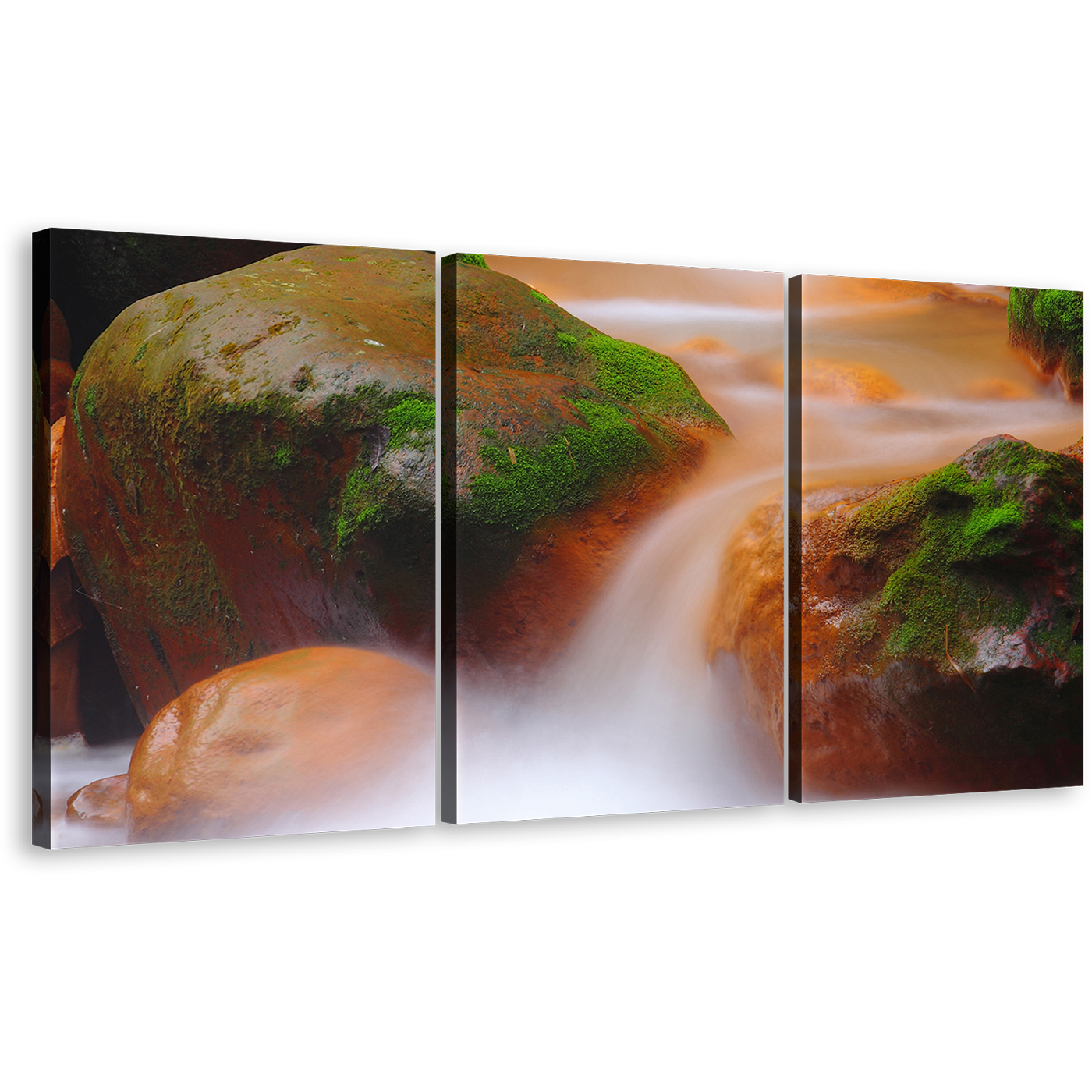 Mossy Rocks Wall Art, Orange Green Rocky Canvas Set, Flowing Waterfall in The River 3 Piece Canvas Print