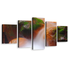 Load image into Gallery viewer, Mossy Waterfall Canvas Print, Orange Green Rocks 5 Piece Wall Art, Flowing Water in The River Multiple Canvas
