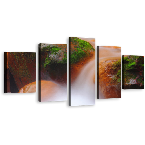 Mossy Waterfall Canvas Print, Orange Green Rocks 5 Piece Wall Art, Flowing Water in The River Multiple Canvas