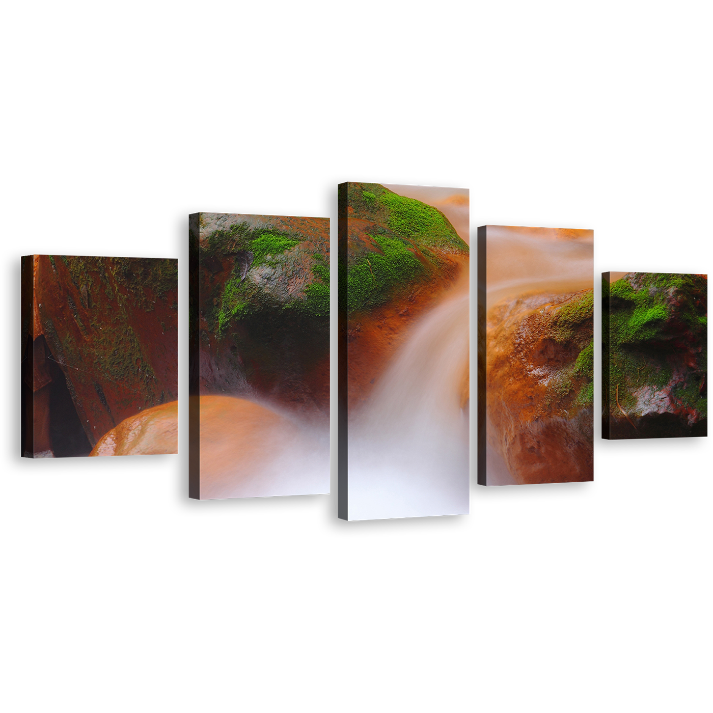 Mossy Waterfall Canvas Print, Orange Green Rocks 5 Piece Wall Art, Flowing Water in The River Multiple Canvas