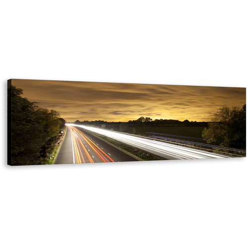 Motorway Bridge Canvas Wall Art, Beautiful Yellow Sky Light Trail Canvas Print, White Highway Traffic Lights Trail Panoramic Canvas