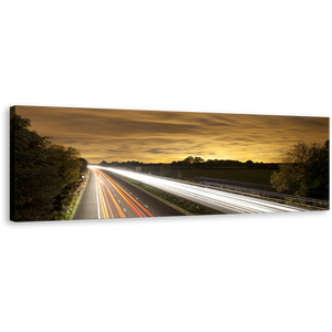 Motorway Bridge Canvas Wall Art, Beautiful Yellow Sky Light Trail Canvas Print, White Highway Traffic Lights Trail Panoramic Canvas