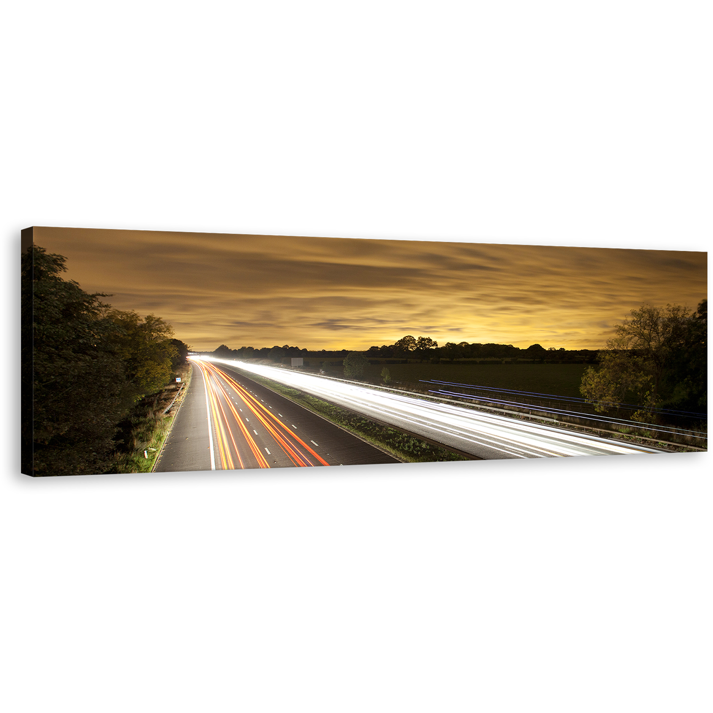 Motorway Bridge Canvas Wall Art, Beautiful Yellow Sky Light Trail Canvas Print, White Highway Traffic Lights Trail Panoramic Canvas