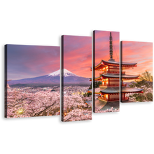 Load image into Gallery viewer, Mount Fuji Canvas Wall Art, Japan Blue White Mountain 4 Piece Canvas Set, Chureito Pagoda Blossom Trees Canvas Print
