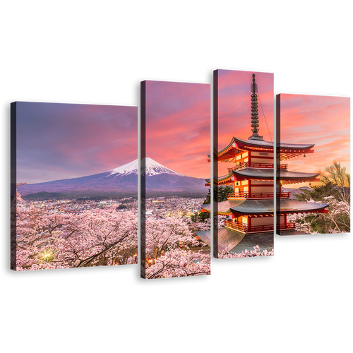 Mount Fuji Canvas Wall Art, Japan Blue White Mountain 4 Piece Canvas Set, Chureito Pagoda Blossom Trees Canvas Print