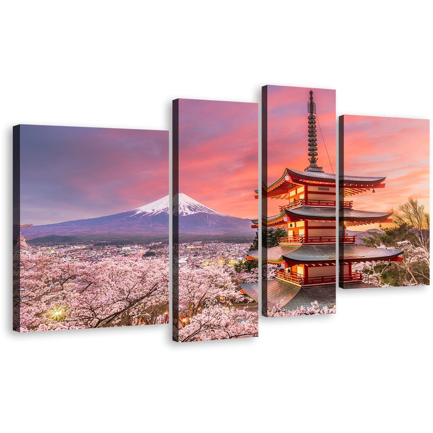 Mount Fuji Canvas Wall Art, Japan Blue White Mountain 4 Piece Canvas Set, Chureito Pagoda Blossom Trees Canvas Print