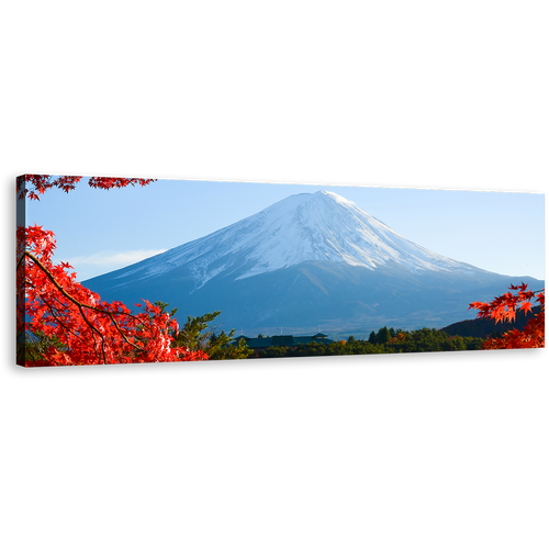 Mount Fuji Canvas Wall Art, Lake Kawaguchiko Wide Canvas, Japan Lake Mountain Panoramic Canvas Print, Red Maple Trees Leaves Canvas Artwork