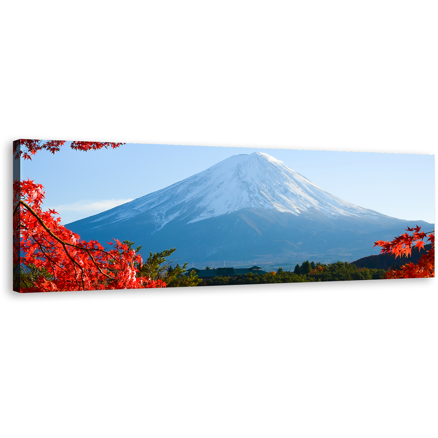 Mount Fuji Canvas Wall Art, Lake Kawaguchiko Wide Canvas, Japan Lake Mountain Panoramic Canvas Print, Red Maple Trees Leaves Canvas Artwork