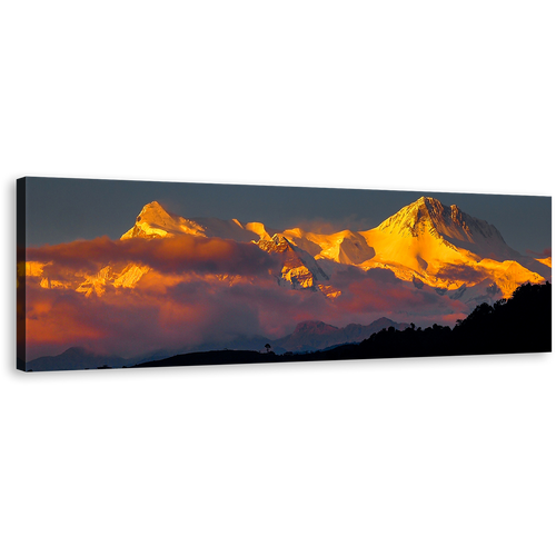 Mount Machhapuchhre Wall Art, White Snow Panoramic Canvas Art, Orange Sunlight Fishtail Phewa Lake Landscape Canvas Print