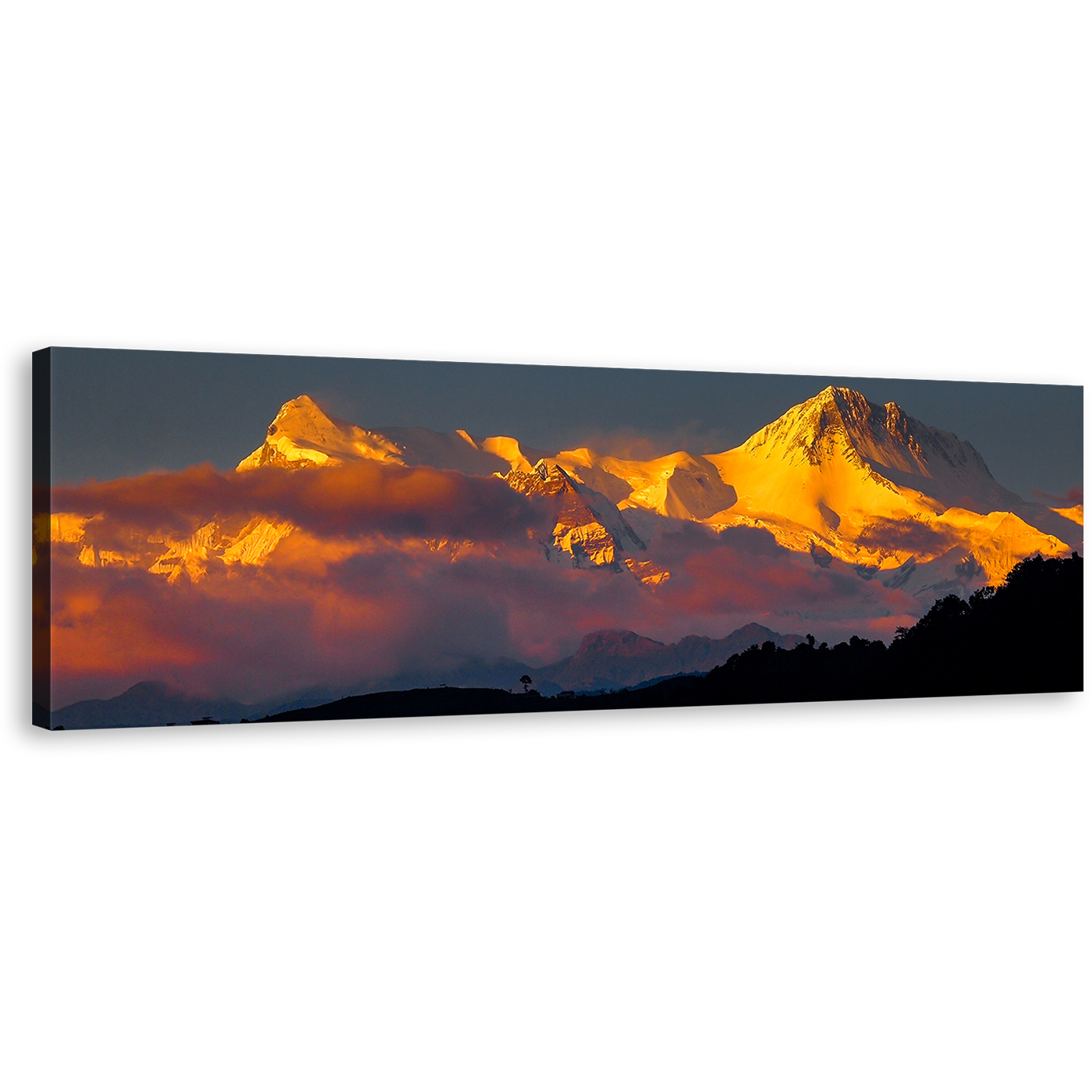 Mount Machhapuchhre Wall Art, White Snow Panoramic Canvas Art, Orange Sunlight Fishtail Phewa Lake Landscape Canvas Print