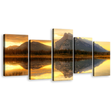 Load image into Gallery viewer, Mount Rundle Wall Art, Yellow Sunset Sky Vermillion Lake 5 Piece Multiple Canvas, Grey Ocean Mountains Reflection Canvas Print
