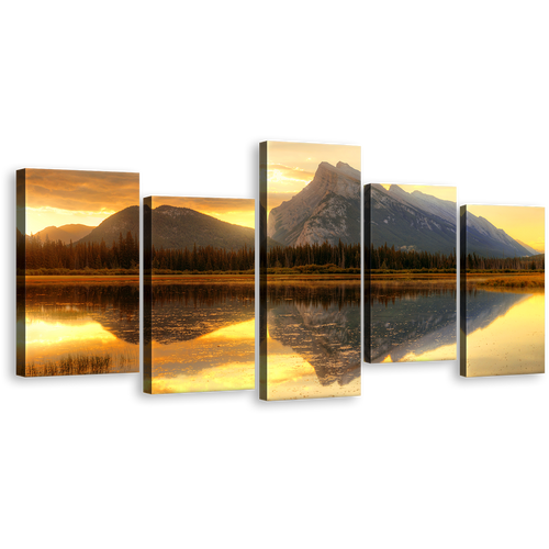 Mount Rundle Wall Art, Yellow Sunset Sky Vermillion Lake 5 Piece Multiple Canvas, Grey Ocean Mountains Reflection Canvas Print