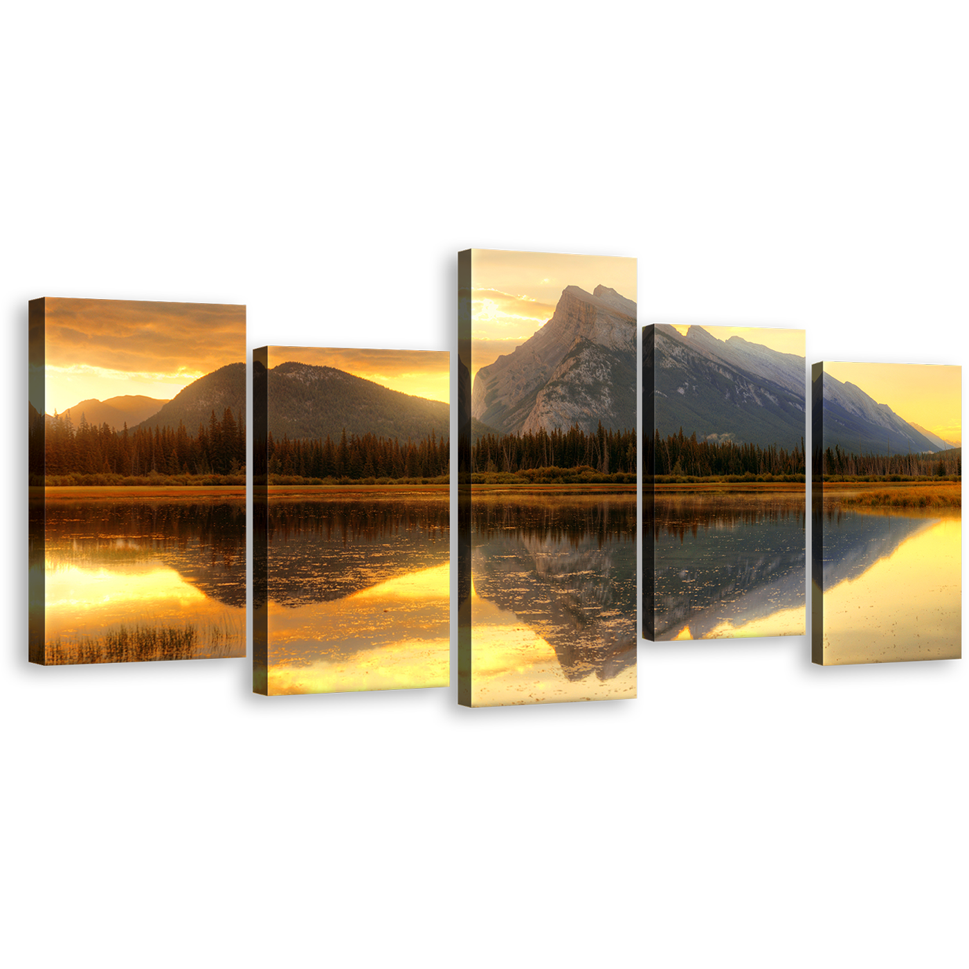 Mount Rundle Wall Art, Yellow Sunset Sky Vermillion Lake 5 Piece Multiple Canvas, Grey Ocean Mountains Reflection Canvas Print