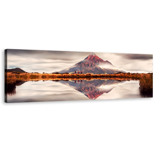 Mount Taranaki Canvas Wall Art, Brown Mountain Lake Reflection Wide Canvas, New Zealand White Landscape Scenery 1 Piece Canvas Print