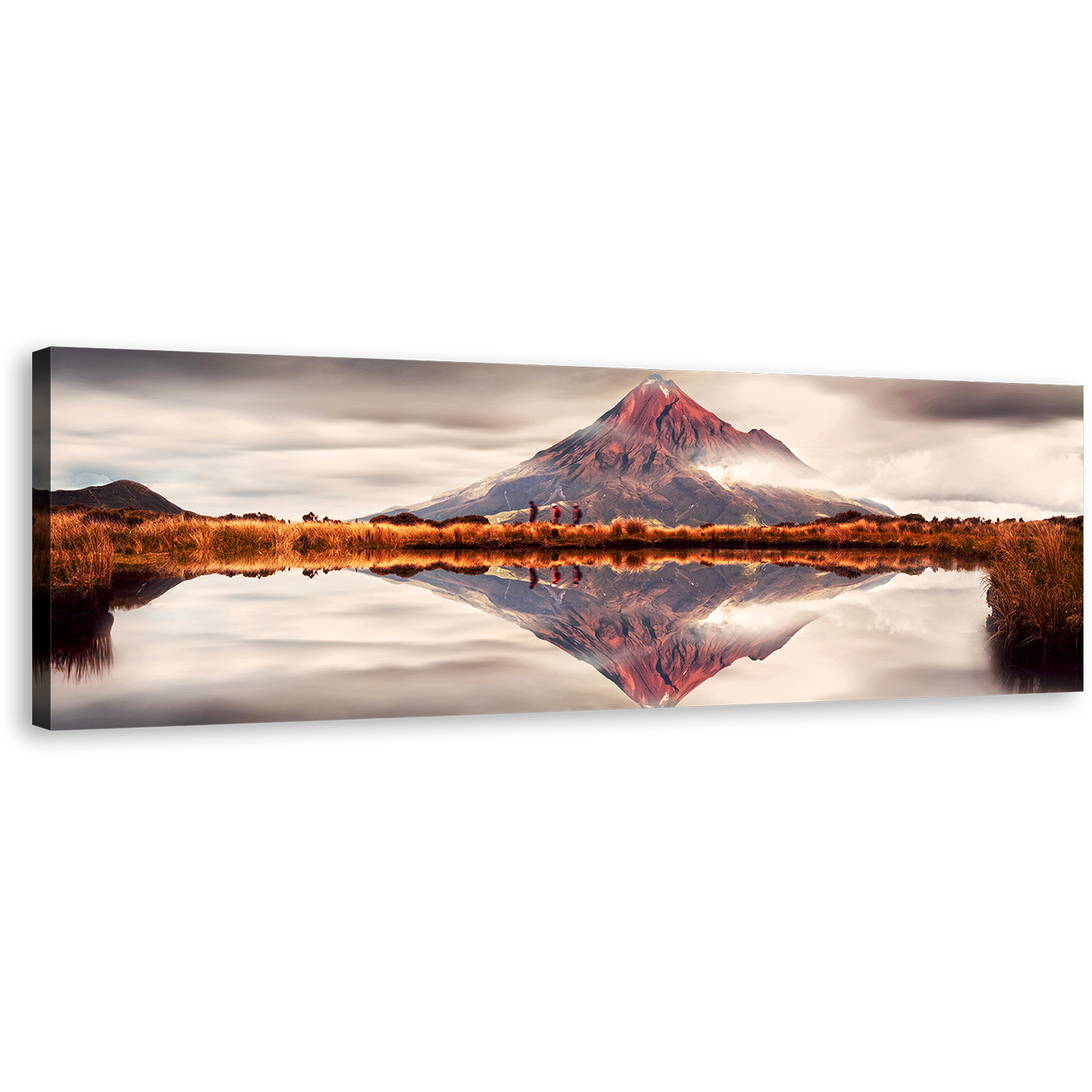 Mount Taranaki Canvas Wall Art, Brown Mountain Lake Reflection Wide Canvas, New Zealand White Landscape Scenery 1 Piece Canvas Print