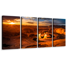 Load image into Gallery viewer, Mountain Desert Canvas Wall Art, Canyon Lake Powell Canvas Set, Yellow Cloudy Sunset Sky Canvas Print, Brown Utah Desert 4 Piece Canvas
