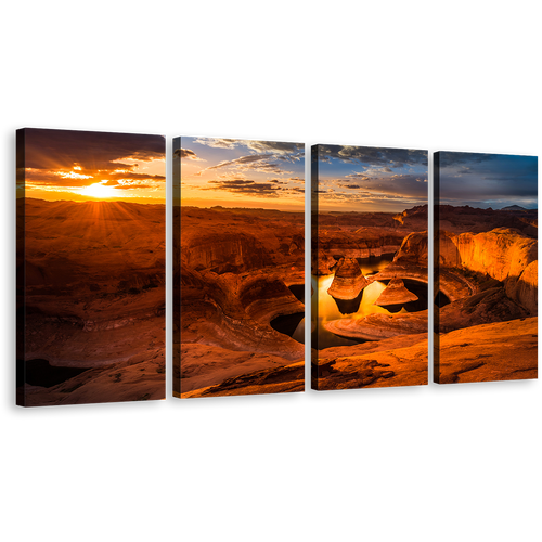 Mountain Desert Canvas Wall Art, Canyon Lake Powell Canvas Set, Yellow Cloudy Sunset Sky Canvas Print, Brown Utah Desert 4 Piece Canvas