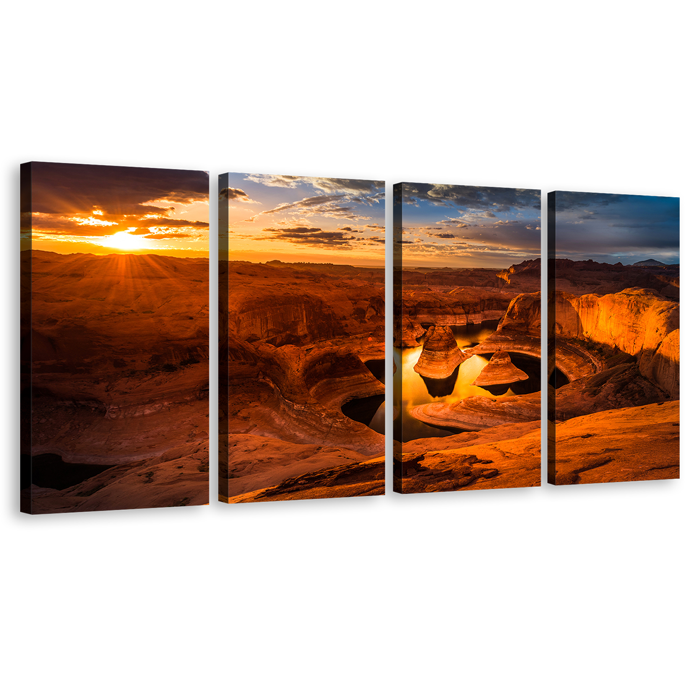 Mountain Desert Canvas Wall Art, Canyon Lake Powell Canvas Set, Yellow Cloudy Sunset Sky Canvas Print, Brown Utah Desert 4 Piece Canvas