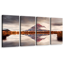 Load image into Gallery viewer, Mountain Lake Canvas Print, New Zealand Brown Mountain Scenery 4 Piece Canvas Wall Art, White Sky Mount Taranaki Canvas Set
