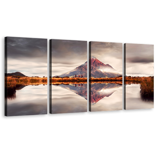 Mountain Lake Canvas Print, New Zealand Brown Mountain Scenery 4 Piece Canvas Wall Art, White Sky Mount Taranaki Canvas Set