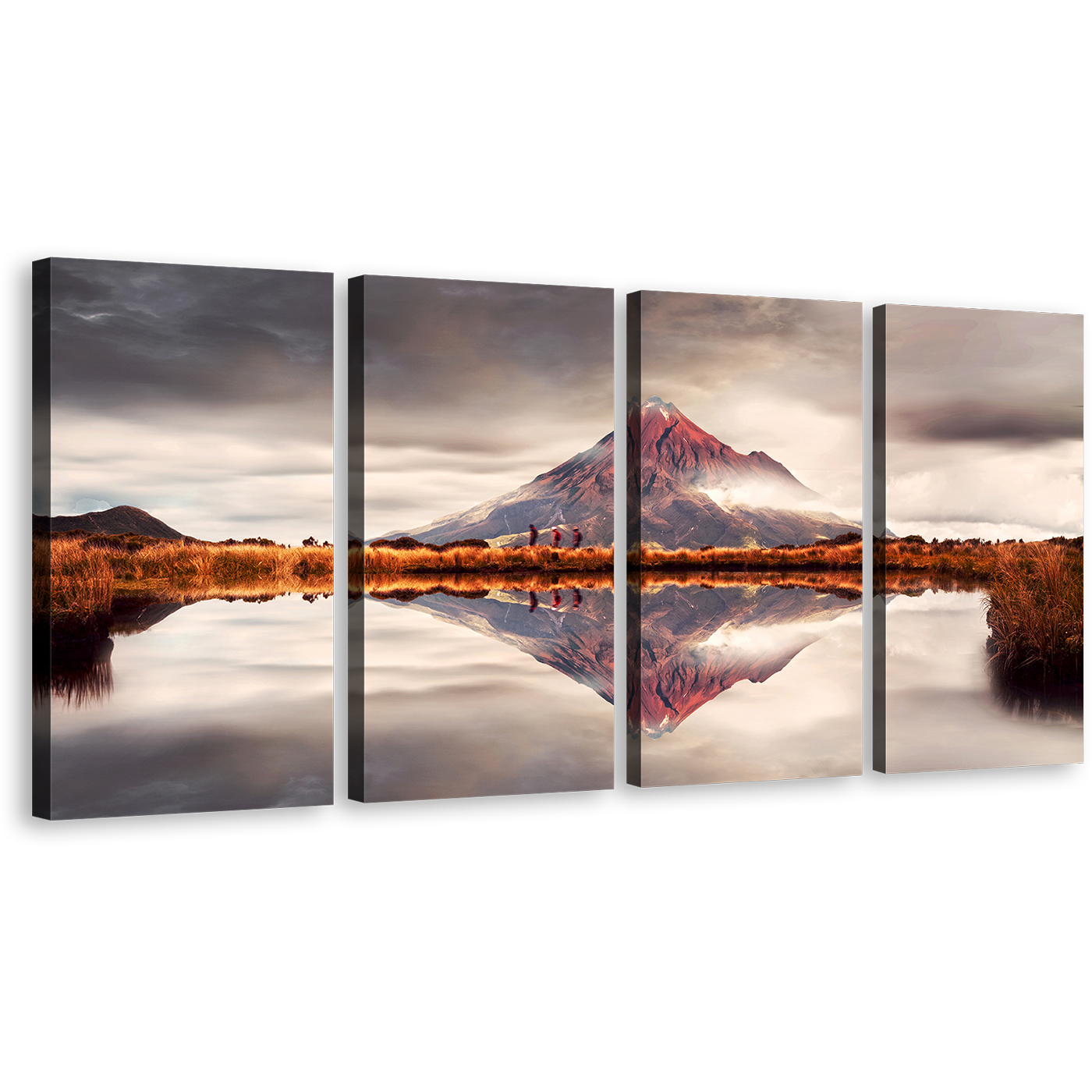 Mountain Lake Canvas Print, New Zealand Brown Mountain Scenery 4 Piece Canvas Wall Art, White Sky Mount Taranaki Canvas Set