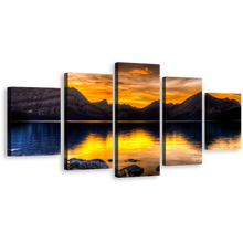 Load image into Gallery viewer, Mountain Lake Canvas Wall Art, Blue Ocean Mountains Reflection 5 Piece Multi Canvas, Alberta Canada Orange Landscape Sunset Canvas Print
