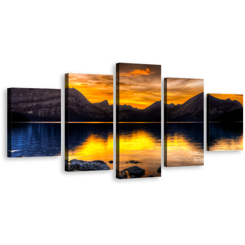 Mountain Lake Canvas Wall Art, Blue Ocean Mountains Reflection 5 Piece Multi Canvas, Alberta Canada Orange Landscape Sunset Canvas Print