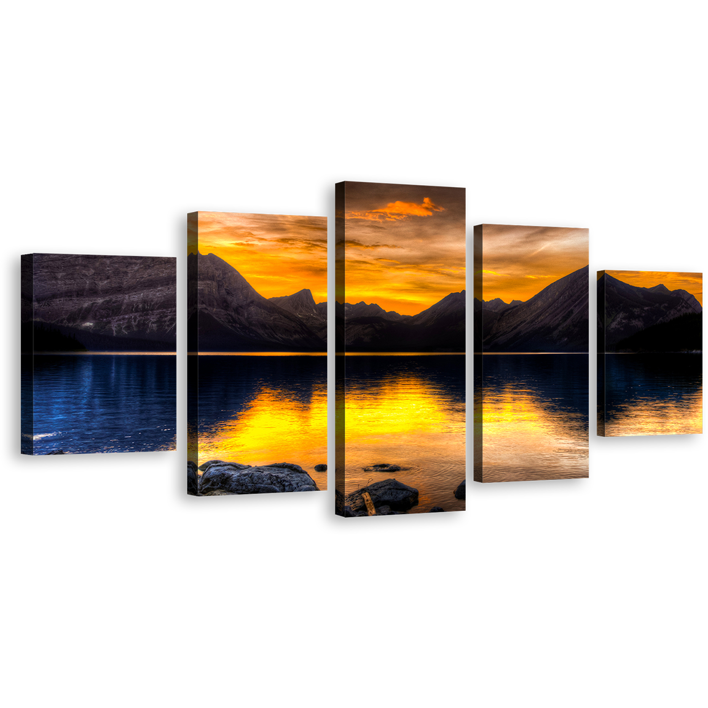 Mountain Lake Canvas Wall Art, Blue Ocean Mountains Reflection 5 Piece Multi Canvas, Alberta Canada Orange Landscape Sunset Canvas Print