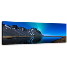 Load image into Gallery viewer, Mountain Lake Canvas Wall Art, Blue Sky Northern Lights Canvas Print, Grey Coast Mountain Water Reflection Panoramic Canvas Artwork
