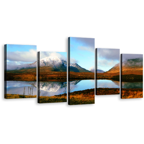 Mountain Lake Canvas Wall Art, Brown Scotland Mountain Canvas Print, Blue Scenery Sky 5 Piece Canvas, United Kingdom Scottish Highlands Multi Canvas