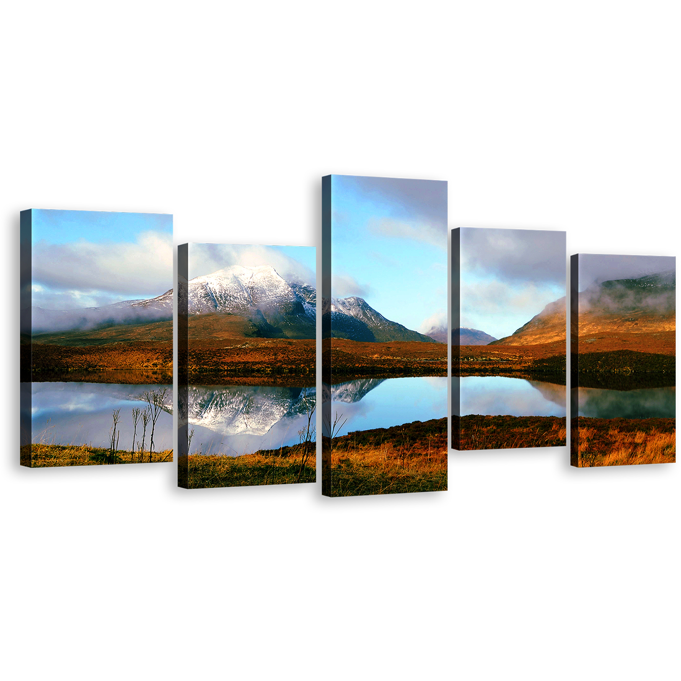 Mountain Lake Canvas Wall Art, Brown Scotland Mountain Canvas Print, Blue Scenery Sky 5 Piece Canvas, United Kingdom Scottish Highlands Multi Canvas