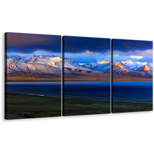 Load image into Gallery viewer, Mountain Lake Canvas Wall Art, China Yellow Tibet Sunrise Multi Panel Canvas, Blue Nam Lake Ocean Mountains 3 Piece Canvas Print
