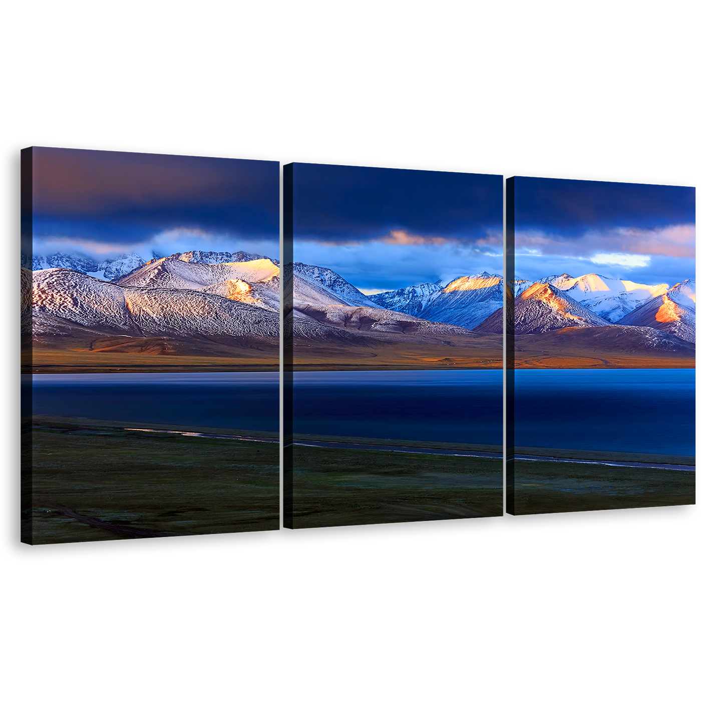 Mountain Lake Canvas Wall Art, China Yellow Tibet Sunrise Multi Panel Canvas, Blue Nam Lake Ocean Mountains 3 Piece Canvas Print