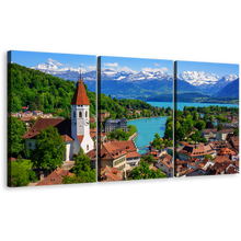 Load image into Gallery viewer, Mountain Lake Canvas Wall Art, Switzerland Green Trees Mountains Scenery 3 Piece Canvas, Bernese Highlands Swiss Alps Mountains Canvas Print
