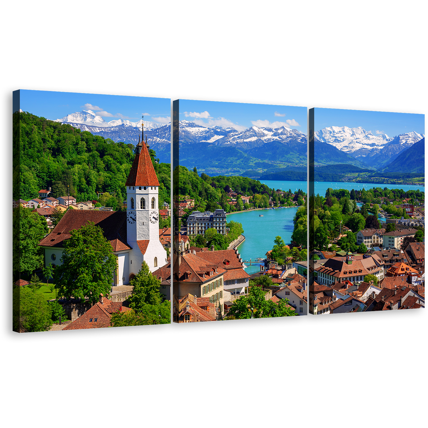 Mountain Lake Canvas Wall Art, Switzerland Green Trees Mountains Scenery 3 Piece Canvas, Bernese Highlands Swiss Alps Mountains Canvas Print